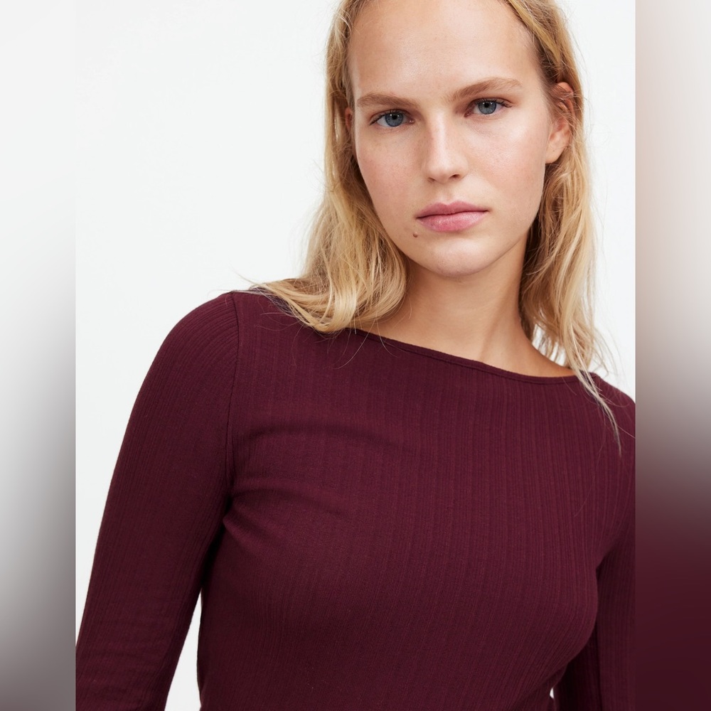 NWT Madewell Ribbed Long-Sleeve Boatneck Top in Burgundy - Picture 4 of 12